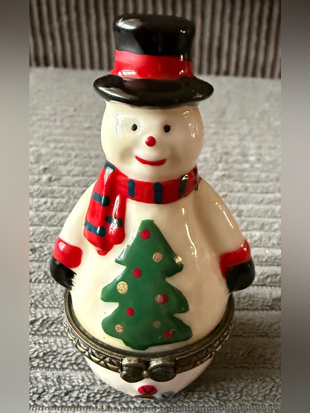 Vintage White Snowman Ring Trinket  Jewelry Box Christmas Red Green